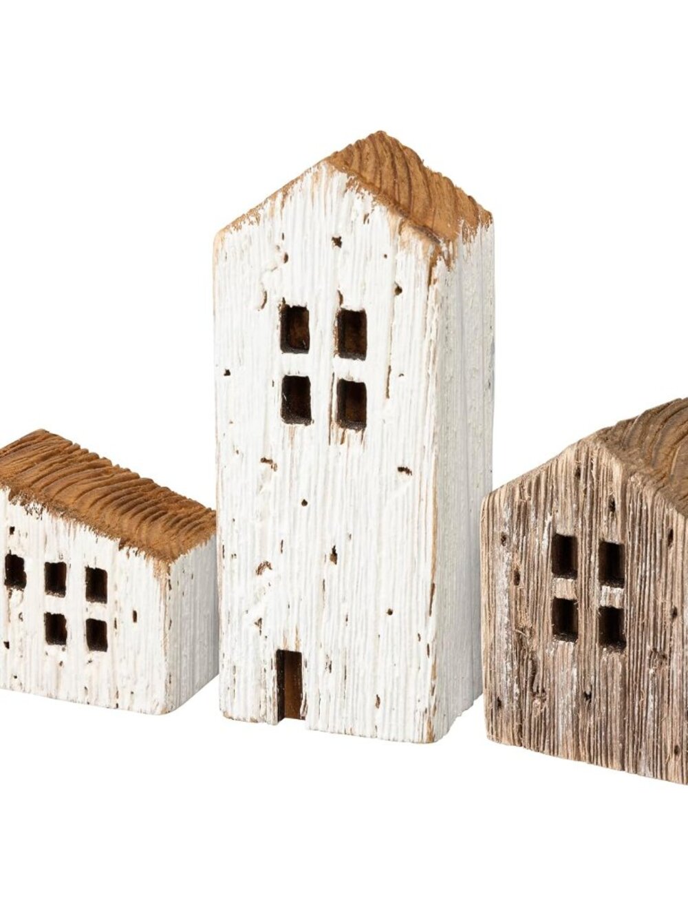 Set of 3 Rustic Wooden House Figurines